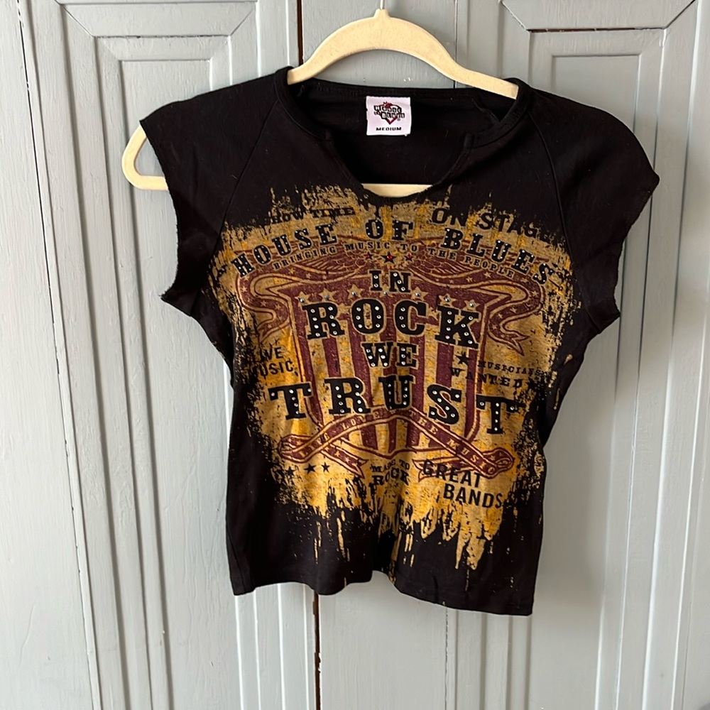 Vintage Official House of Blues "In Rock We Trust" Rhinestone Shirt